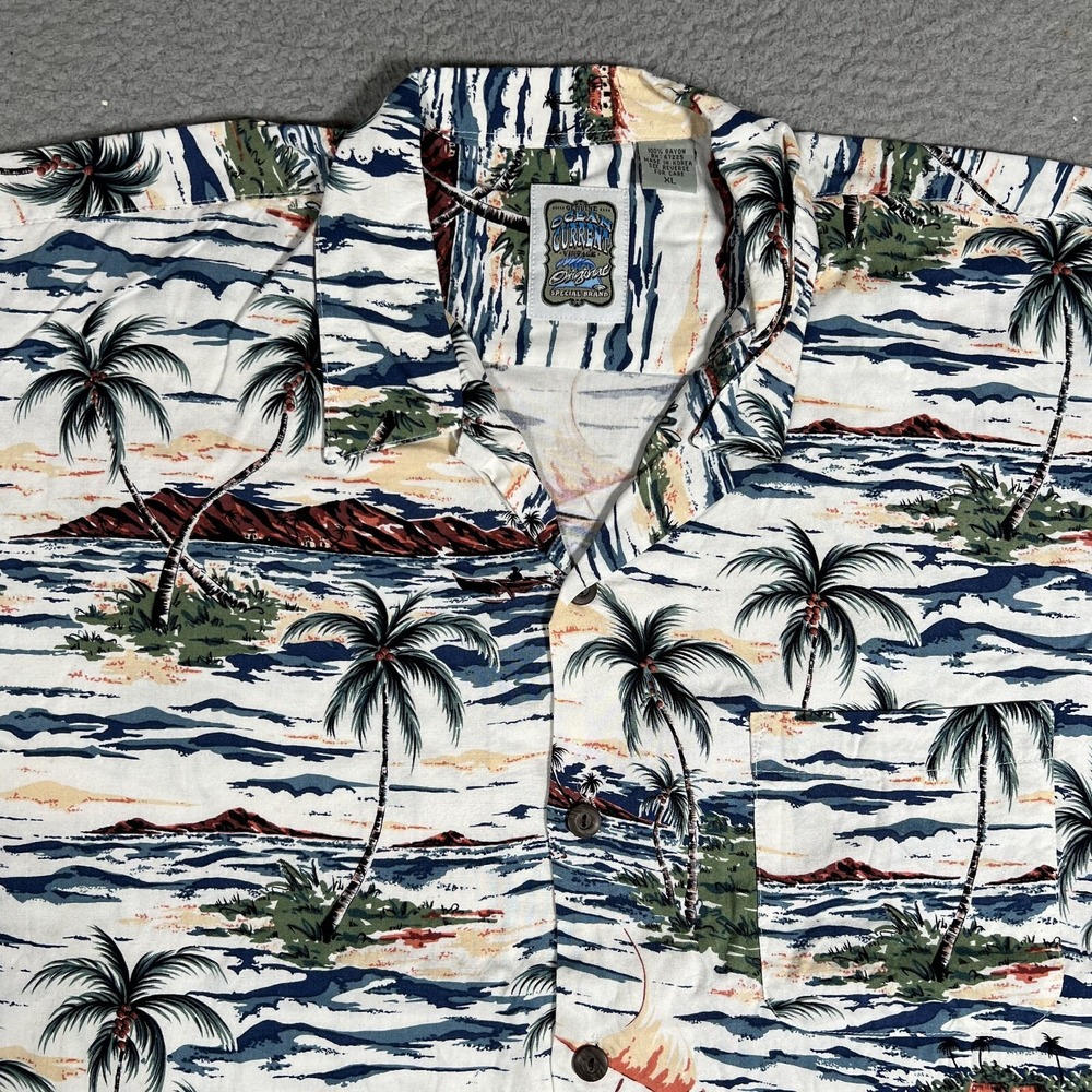 Ocean‎ Current Shirt Mens XL Vintage Hawaiian Rayon Island Graphic Casual Logo